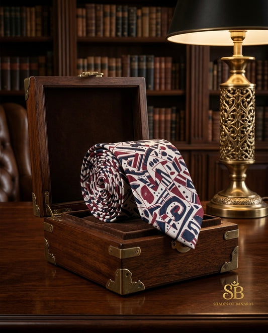 Ivory white pure silk Banarasi handloom necktie from Varanasi with hand printed angular art deco pattern