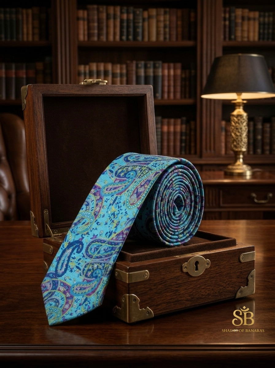 Turquoise blue pure silk Banarasi handloom necktie from Varanasi with hand printed paisley pattern
