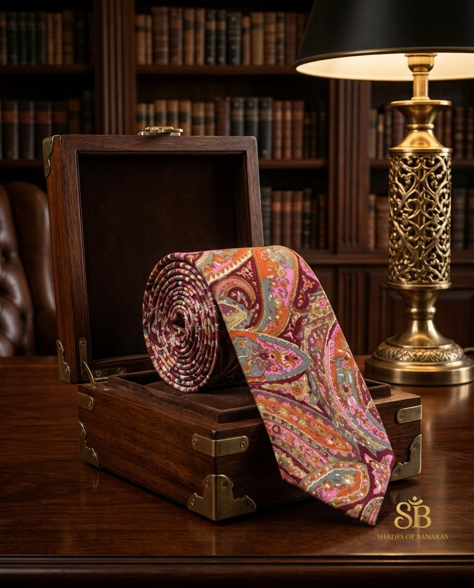Pink pure silk Banarasi handloom necktie from Varanasi with hand printed paisley pattern