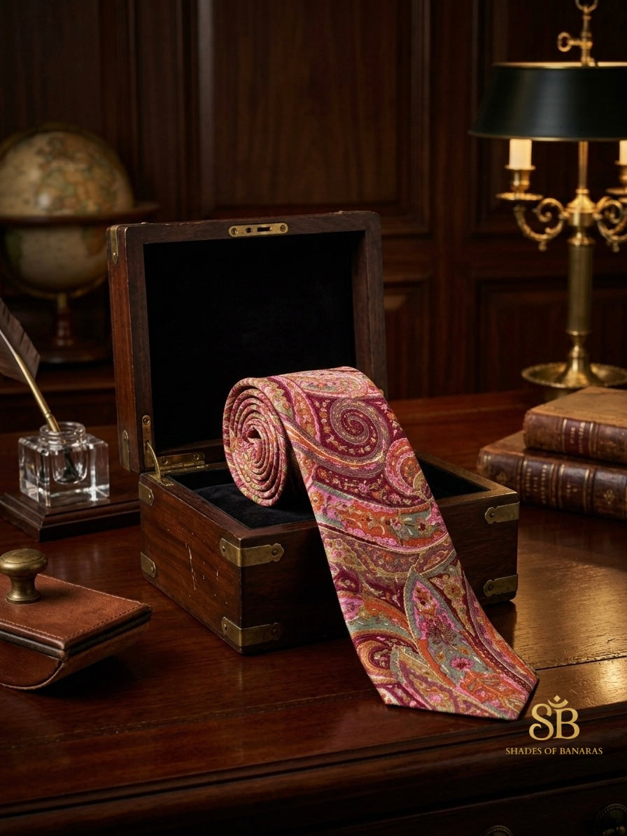 Pink and coral pure silk Banarasi handloom necktie from Varanasi with hand printed paisley swirl pattern
