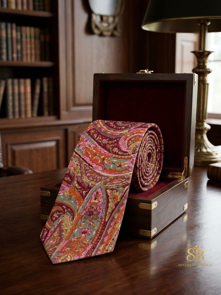 Pink and purple pure silk Banarasi handloom necktie from Varanasi with hand printed ornate paisley pattern
