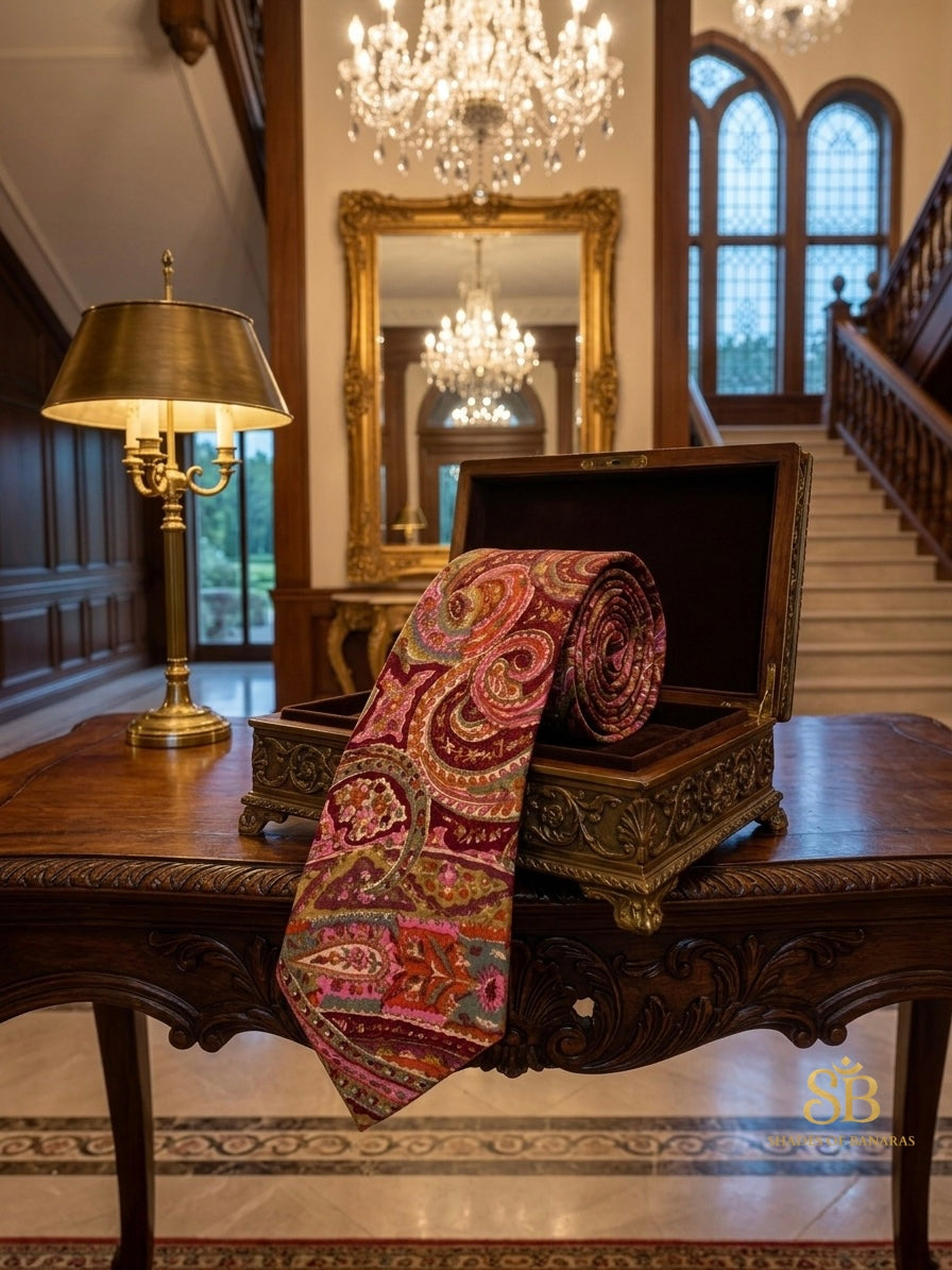 Pink and maroon pure silk Banarasi handloom necktie from Varanasi with hand printed paisley pattern