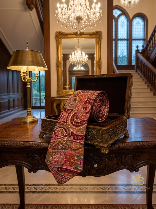 Pink and maroon pure silk Banarasi handloom necktie from Varanasi with hand printed paisley pattern