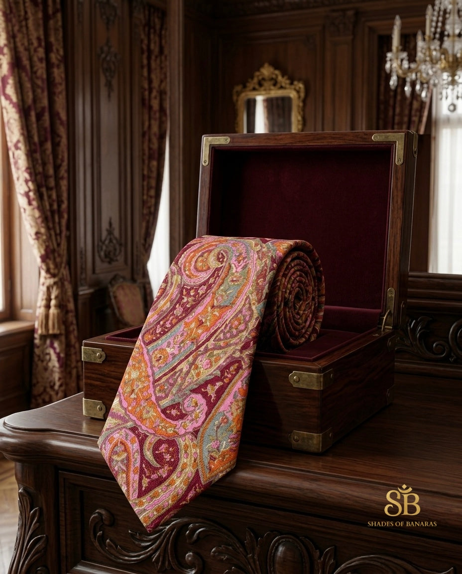 Pink and maroon pure silk Banarasi handloom necktie from Varanasi with hand printed paisley motif