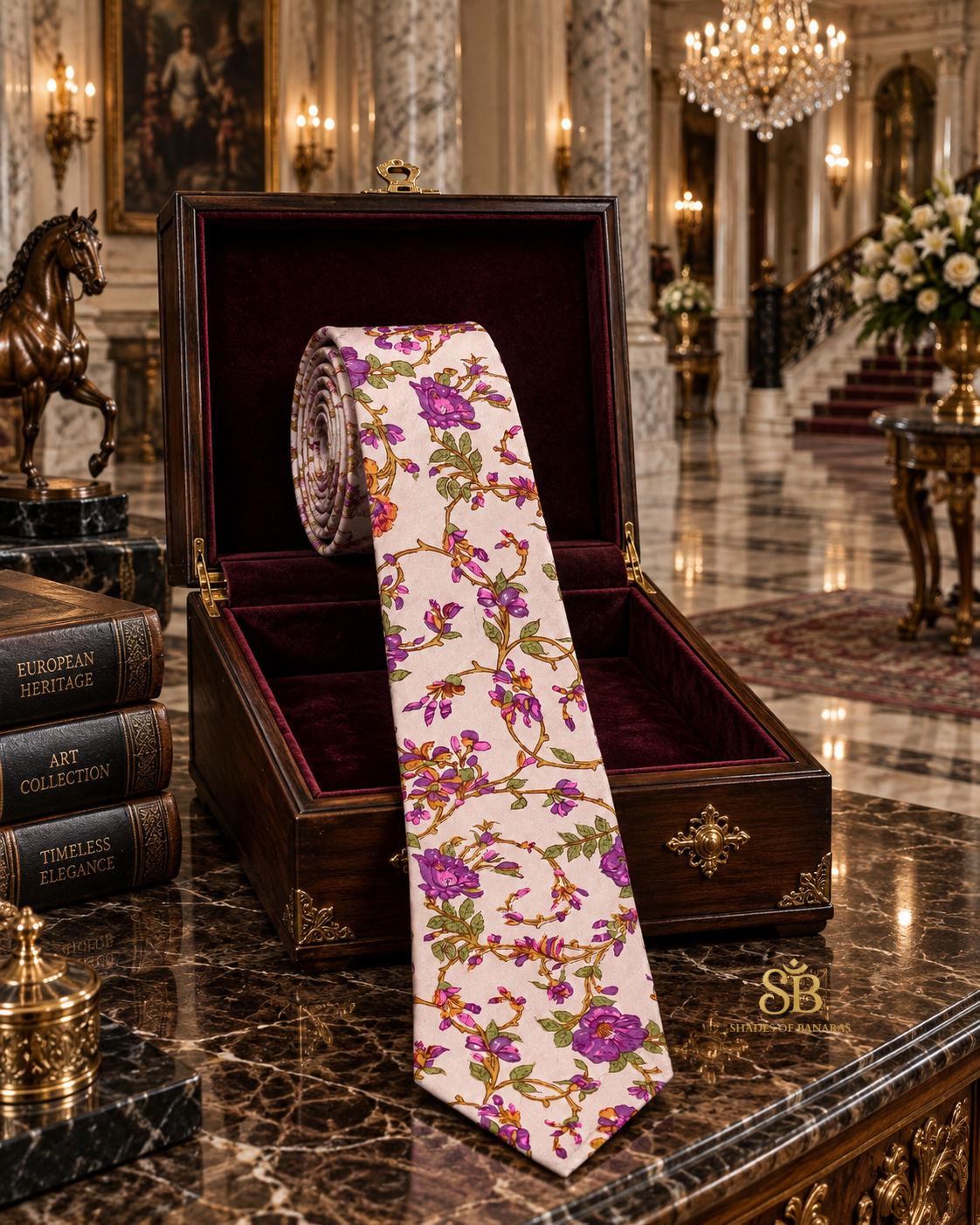 Light pink pure silk Banarasi handloom necktie from Varanasi with hand printed floral trellis pattern