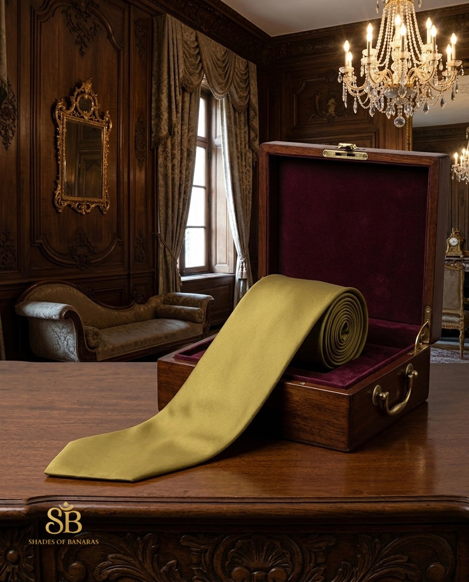 Olive gold pure satin silk Banarasi handloom necktie from Varanasi with plain weave finish