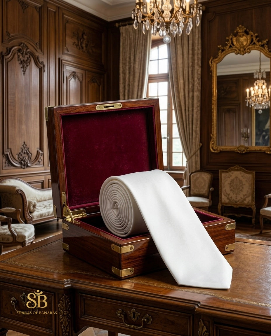 White pure satin silk Banarasi handloom necktie from Varanasi displayed in wood paneled library