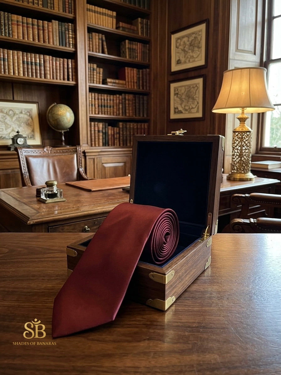 Maroon pure satin silk Banarasi handloom necktie from Varanasi displayed in library study