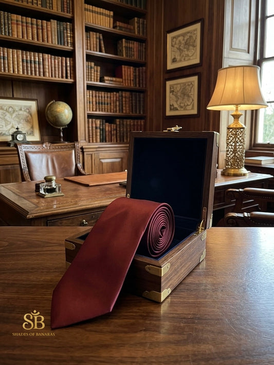 Maroon pure satin silk Banarasi handloom necktie from Varanasi displayed in library study