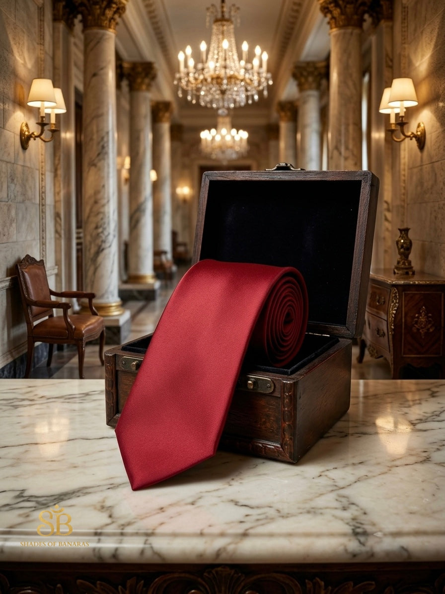Red pure satin silk Banarasi handloom necktie from Varanasi displayed in marble hallway