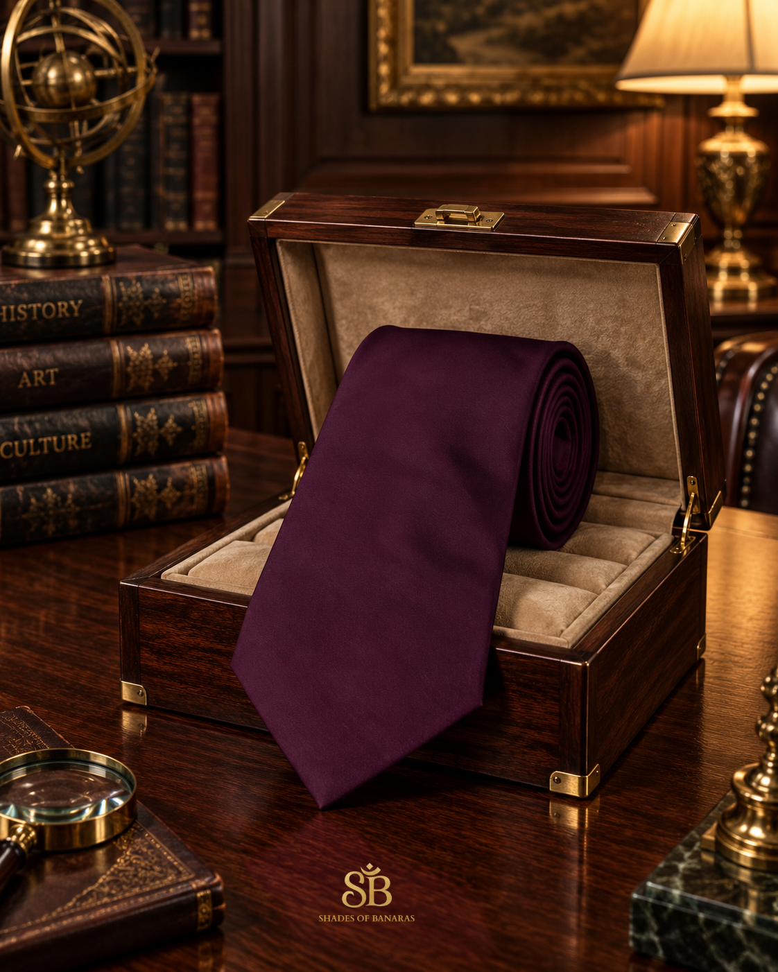 Wine burgundy pure satin silk Banarasi handloom necktie from Varanasi with plain weave finish