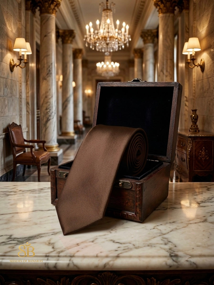Brown pure satin silk Banarasi handloom necktie from Varanasi displayed in marble hallway