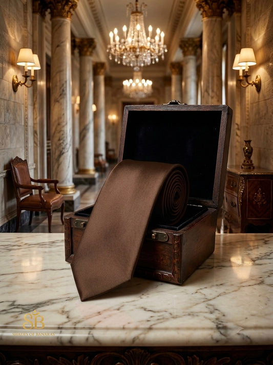 Brown pure satin silk Banarasi handloom necktie from Varanasi displayed in marble hallway