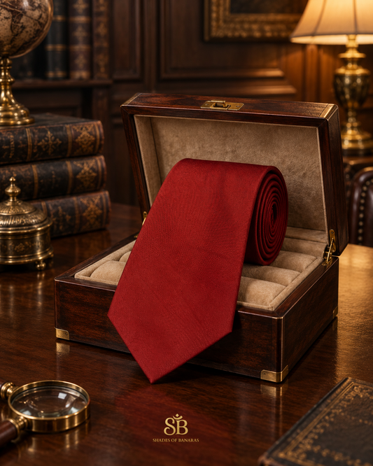 Red pure satin silk Banarasi handloom necktie from Varanasi with visible woven texture