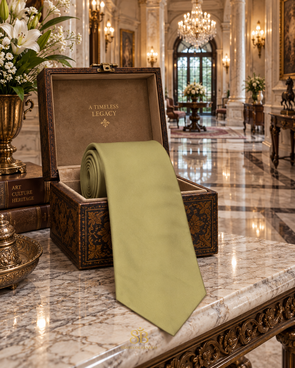 Sage green pure satin silk Banarasi handloom necktie from Varanasi with plain weave finish