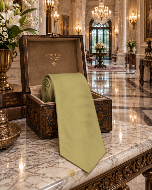 Sage green pure satin silk Banarasi handloom necktie from Varanasi with plain weave finish