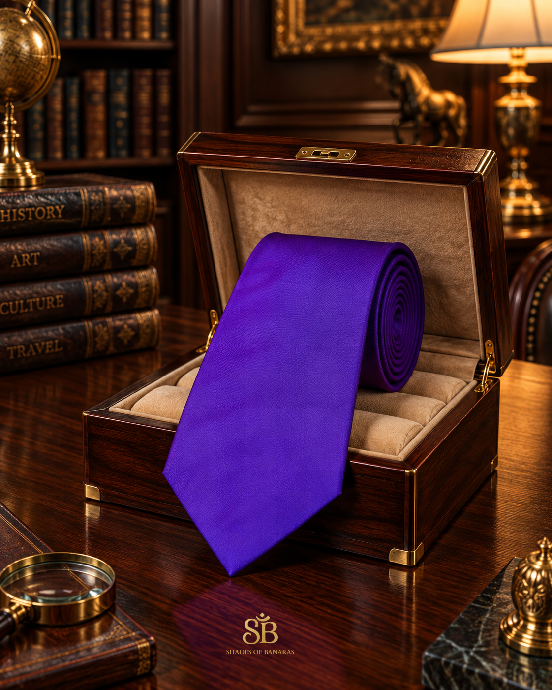 Purple pure satin silk Banarasi handloom necktie from Varanasi with plain weave finish