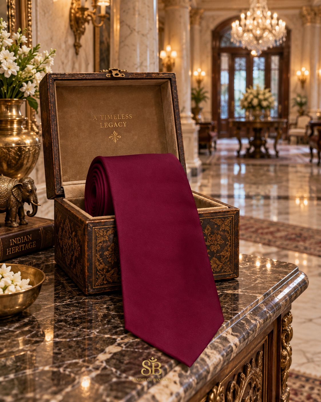Maroon pure satin silk Banarasi handloom necktie from Varanasi with plain weave finish