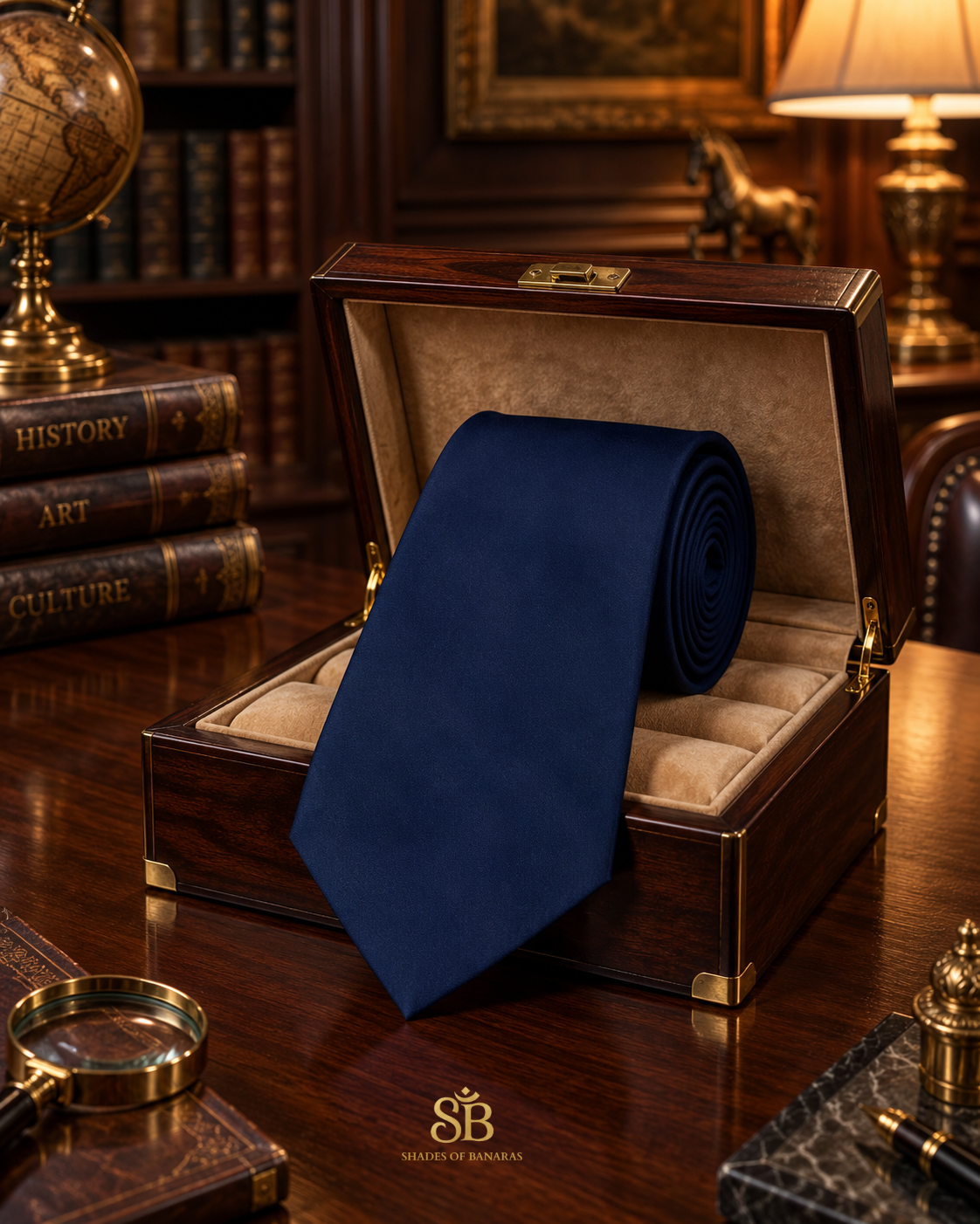 Navy blue pure satin silk Banarasi handloom necktie from Varanasi with plain weave finish