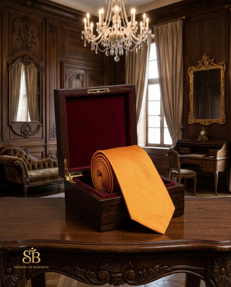 Golden yellow pure satin silk Banarasi handloom necktie from Varanasi with plain weave finish