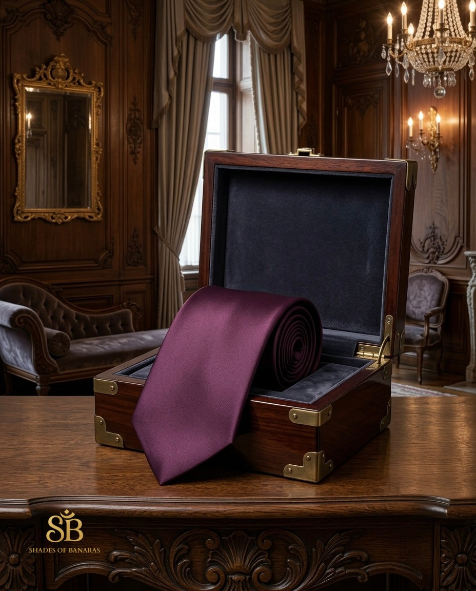Wine purple pure satin silk Banarasi handloom necktie from Varanasi with plain weave finish