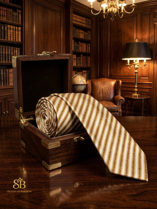 Bronze ivory pure satin silk Banarasi handloom necktie with hand-printed diagonal stripe design