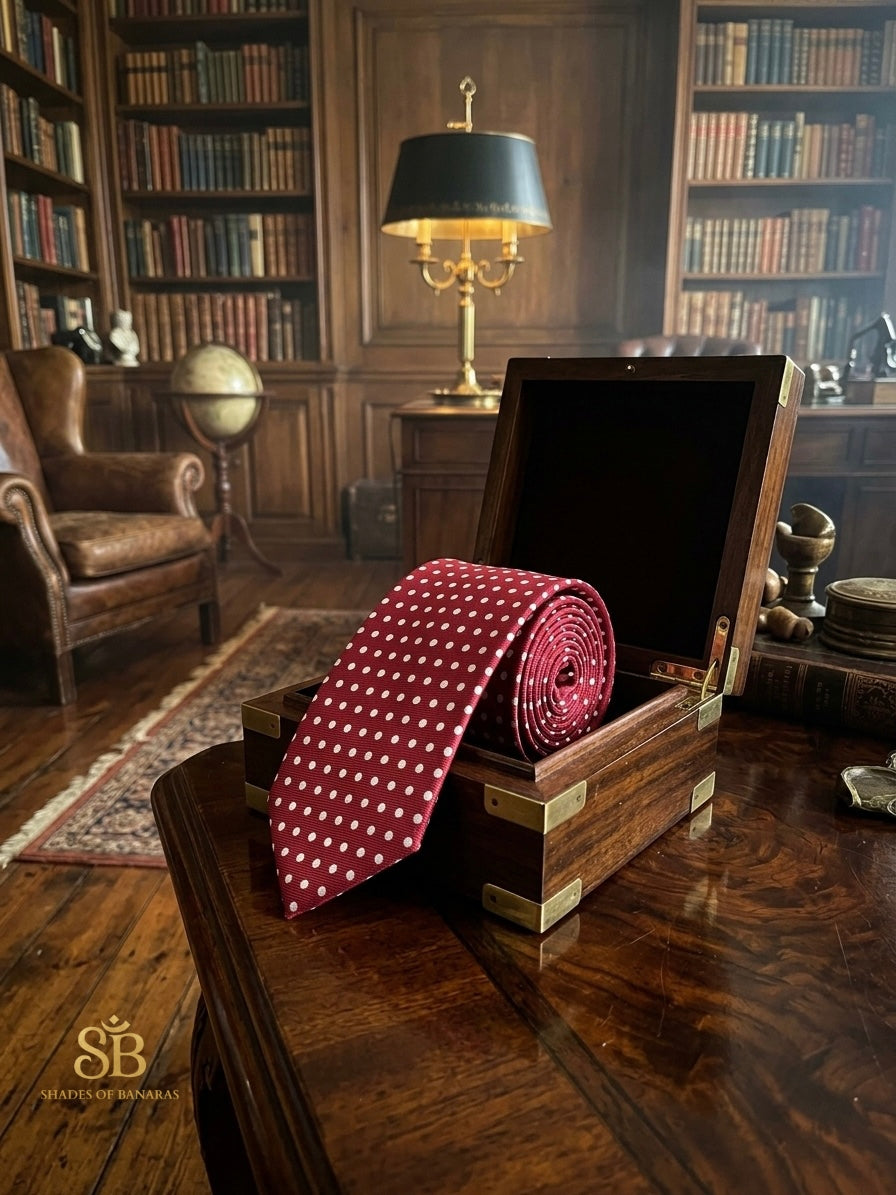 Deep red pure satin silk Banarasi handloom necktie with hand-printed white polka dot design