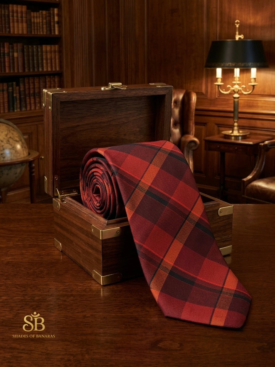 Rust red pure satin silk Banarasi handloom necktie with hand-printed tartan plaid design