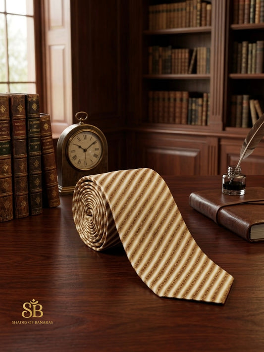Golden wheat pure satin silk Banarasi handloom necktie with hand-printed wavy stripe design