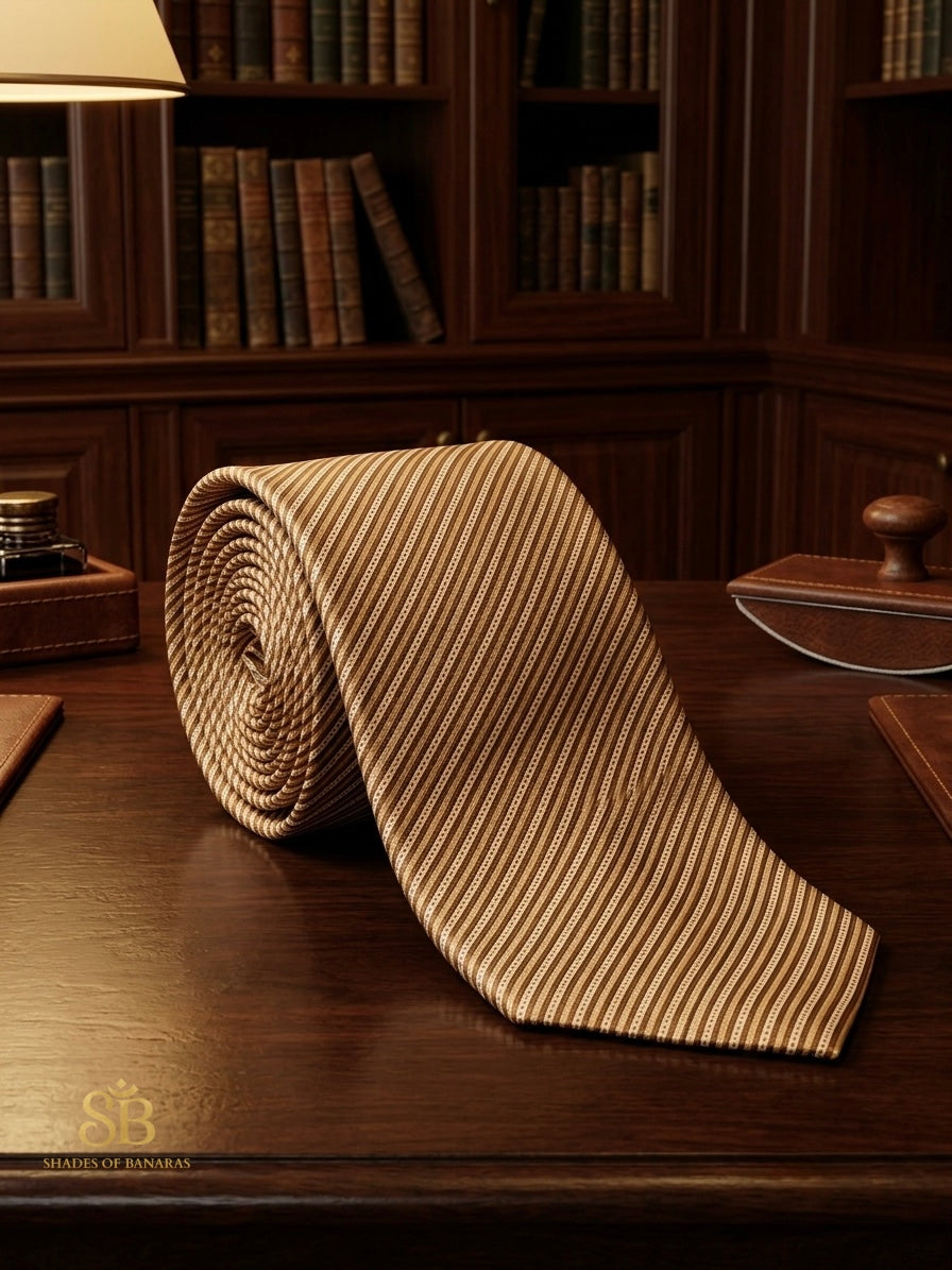 Amber gold pure satin silk Banarasi handloom necktie with hand-printed fine pinstripe design