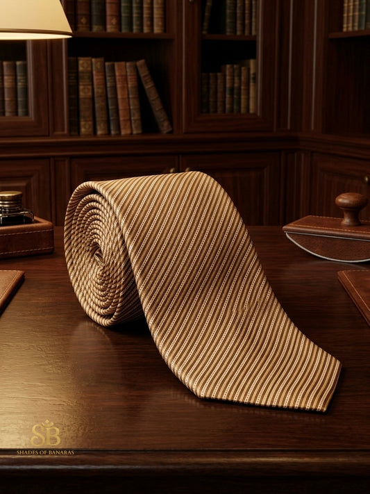 Amber gold pure satin silk Banarasi handloom necktie with hand-printed fine pinstripe design