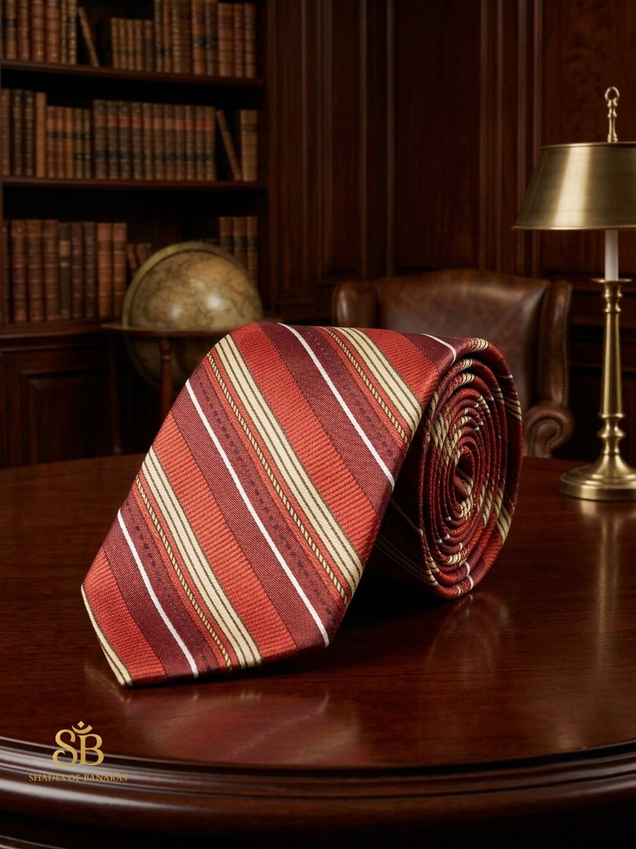Crimson red pure satin silk Banarasi handloom necktie with hand-printed regimental stripe design