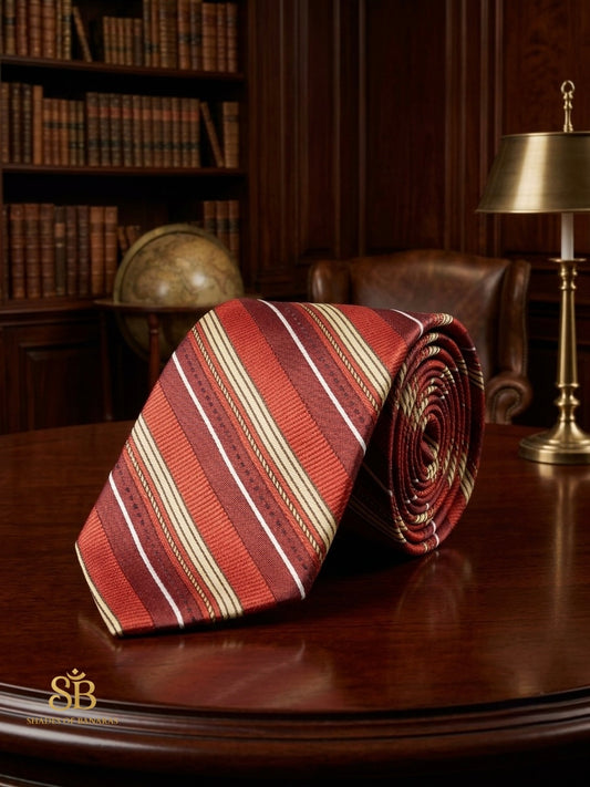 Crimson red pure satin silk Banarasi handloom necktie with hand-printed regimental stripe design