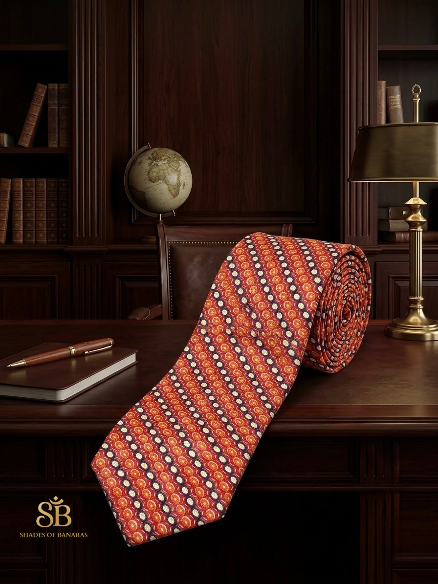 Vermilion red pure satin silk Banarasi handloom necktie with hand-printed medallion dot design