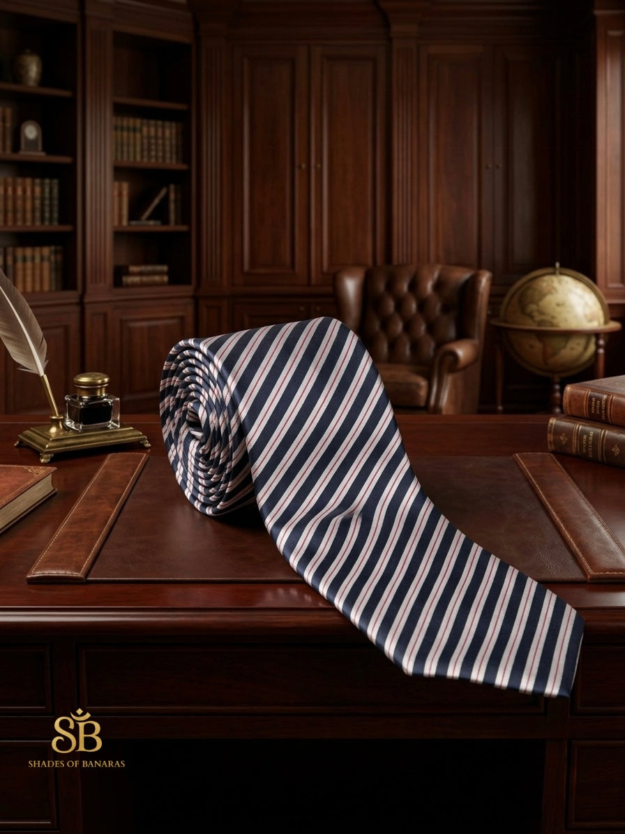 Navy blue pure satin silk Banarasi handloom necktie with hand-printed regatta stripe design