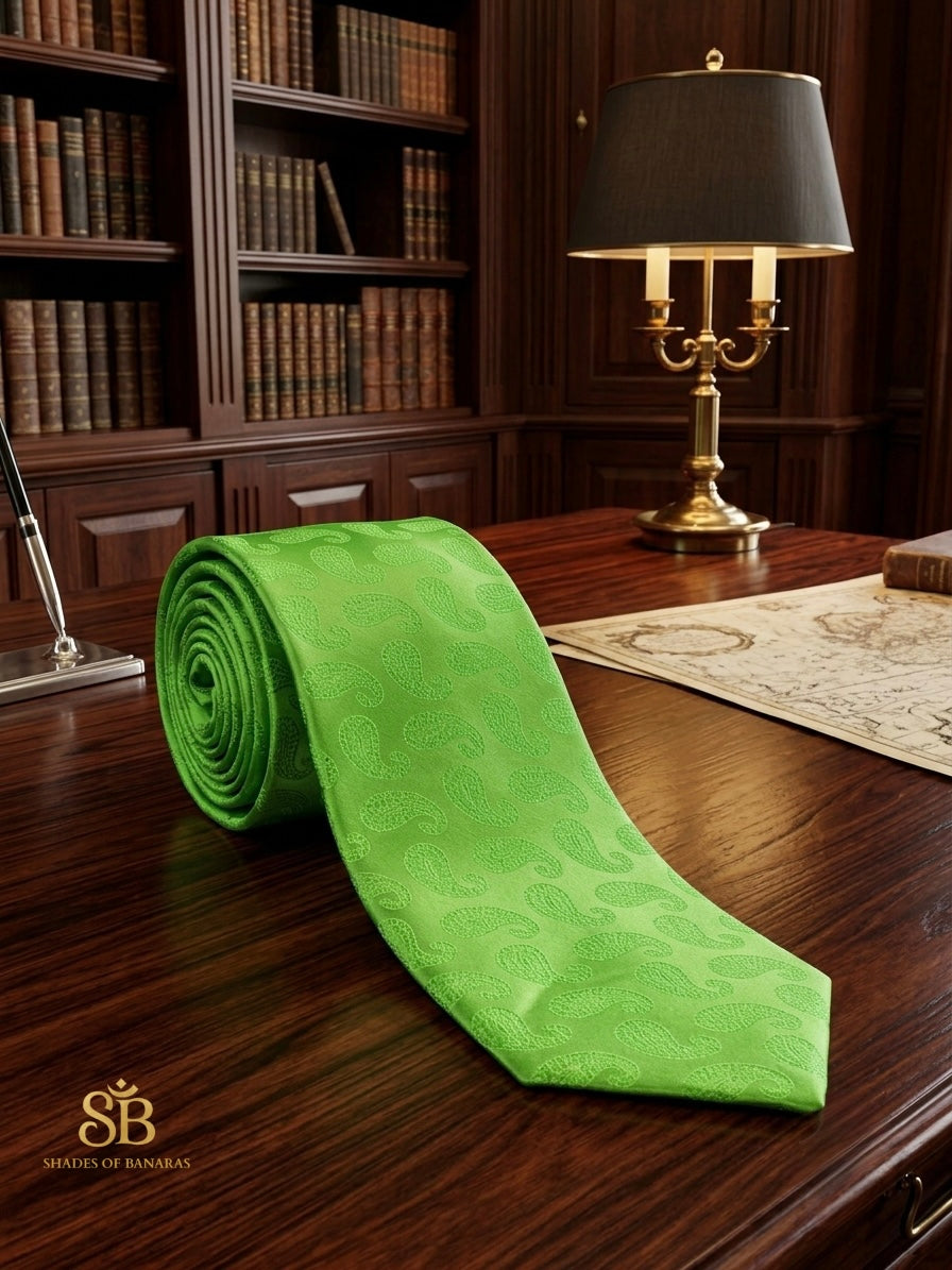 Emerald green pure satin silk Banarasi handloom necktie with hand-printed paisley design
