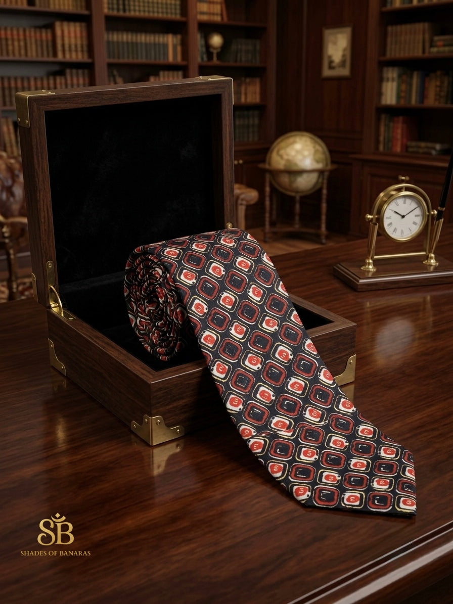 Onyx black pure satin silk Banarasi handloom necktie with hand-printed geometric mosaic design