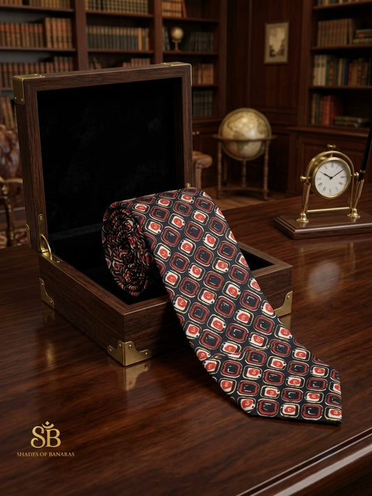 Onyx black pure satin silk Banarasi handloom necktie with hand-printed geometric mosaic design
