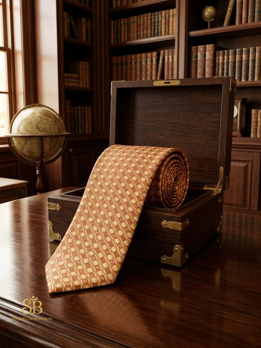 Terracotta orange pure satin silk Banarasi handloom necktie with hand-printed basket weave design