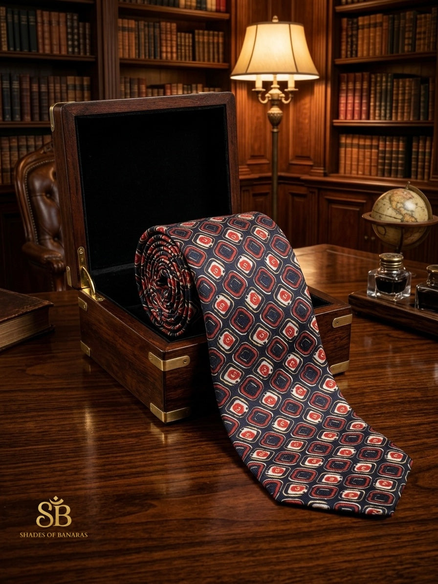 Navy blue pure satin silk Banarasi handloom necktie with hand-printed geometric mosaic design