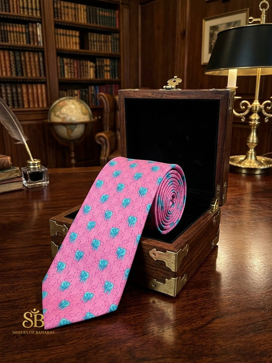 Pink pure satin silk Banarasi handloom necktie with hand-printed teal elephant motif design