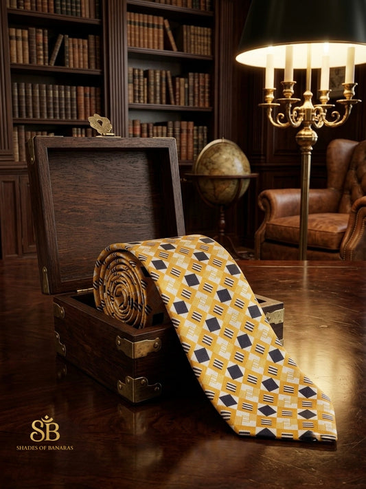 Mustard gold pure satin silk Banarasi handloom necktie with hand-printed diamond pattern design