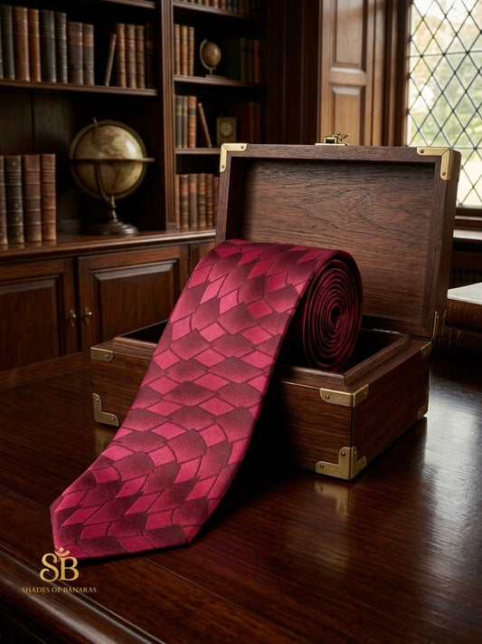 Burgundy maroon pure satin silk Banarasi handloom necktie with hand-printed diamond weave design