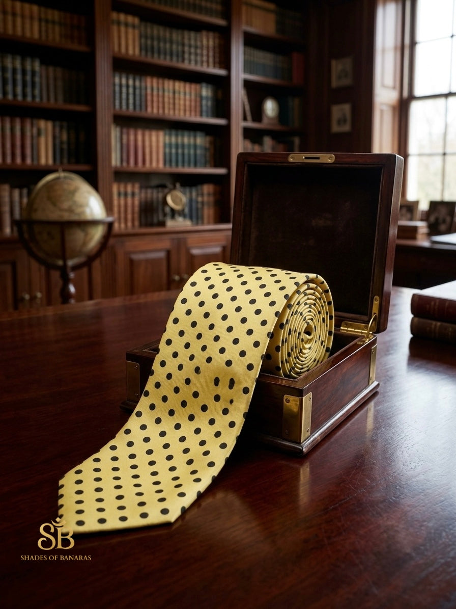 Canary yellow pure satin silk Banarasi handloom necktie with hand-printed black polka dot design