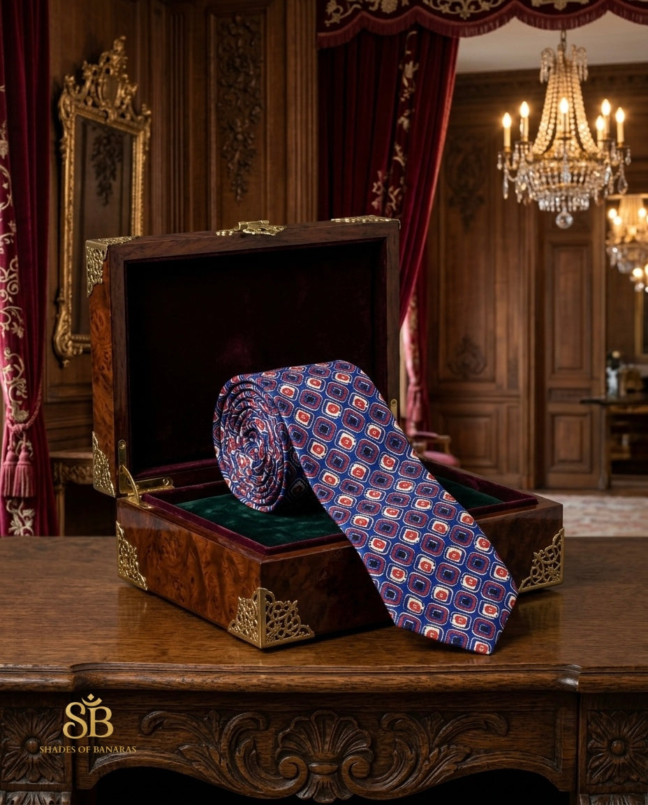 Cobalt blue pure satin silk Banarasi handloom necktie with hand-printed geometric medallion design
