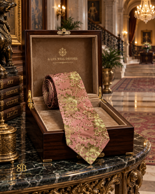 Rose pink pure silk brocade Banarasi handloom necktie with hand-woven floral design