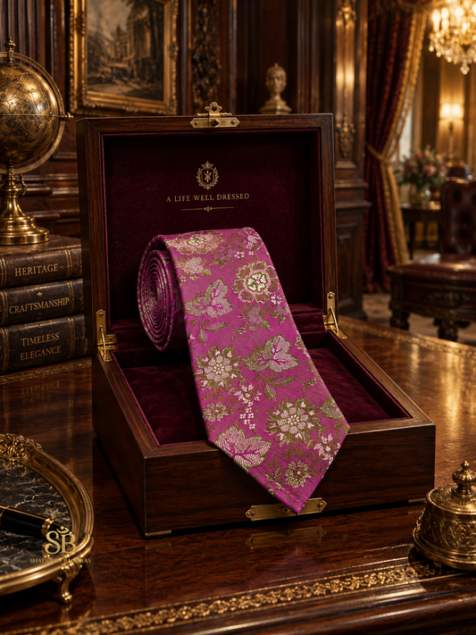 Magenta pink pure silk brocade Banarasi handloom necktie with hand-woven floral bloom design