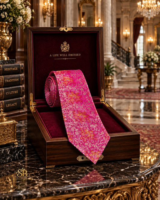 Fuchsia pink pure silk brocade Banarasi handloom necktie with hand-woven floral blossom design