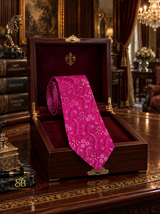 Berry pink pure silk brocade Banarasi handloom necktie with hand-woven floral vine design