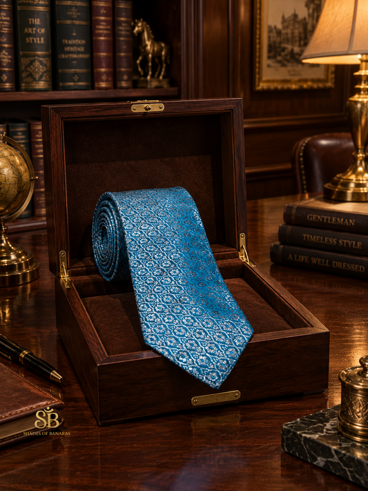 Teal blue pure silk brocade Banarasi handloom necktie with hand-woven floral trellis design